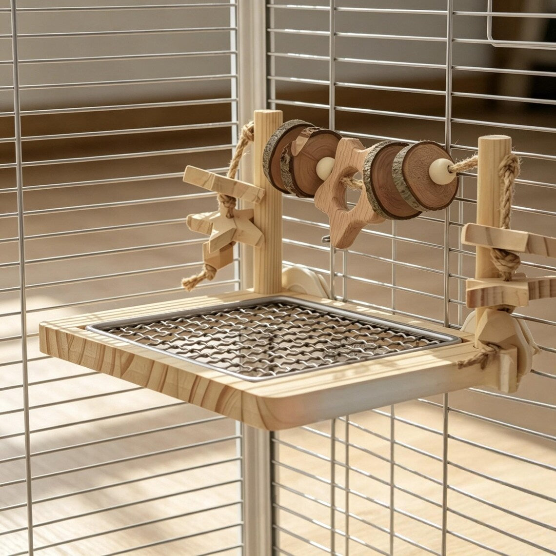 Plataforma de Juego Fijable para Jaulas con Rejilla Extraíble y Accesorios de Masticado para Aves Pequeñas Juguetes