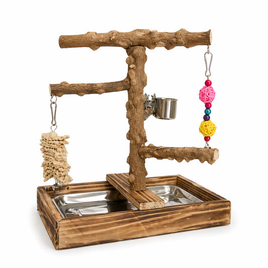 Plataforma Multijuego con Escalera, Columpio y Zona de Alimentación para Aves y Loros Pequeños Juguetes