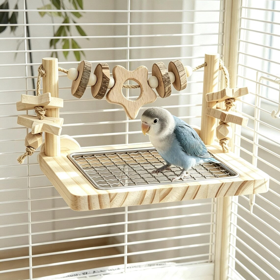 Plataforma de Juego Fijable para Jaulas con Rejilla Extraíble y Accesorios de Masticado para Aves Pequeñas Juguetes