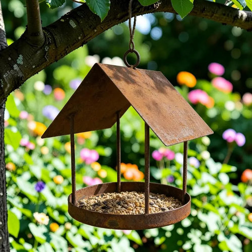 Comedero Colgante con Techo Protector en Forma de Casita Decorativo para Aves de Jardín y Terraza Alimentador